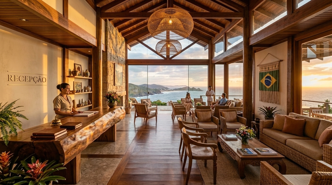 Recepção da pousada com vista para o jardim